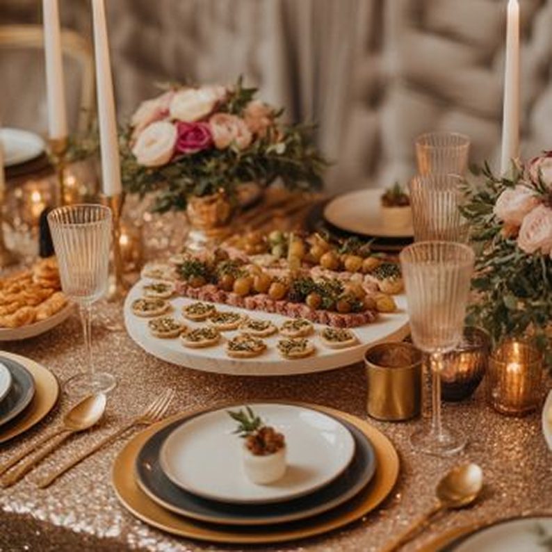 Luxurious table setting with candles and food