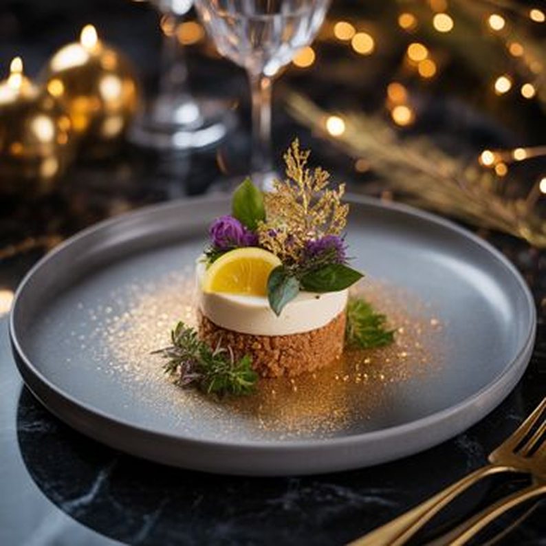 Gourmet dessert with lemon and herbs