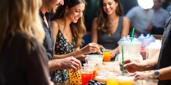 Friends gathering around a drink table