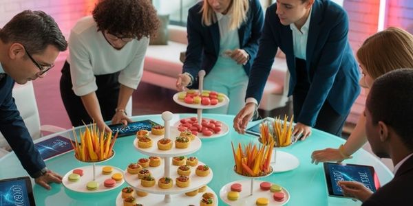 People arranging desserts on a table