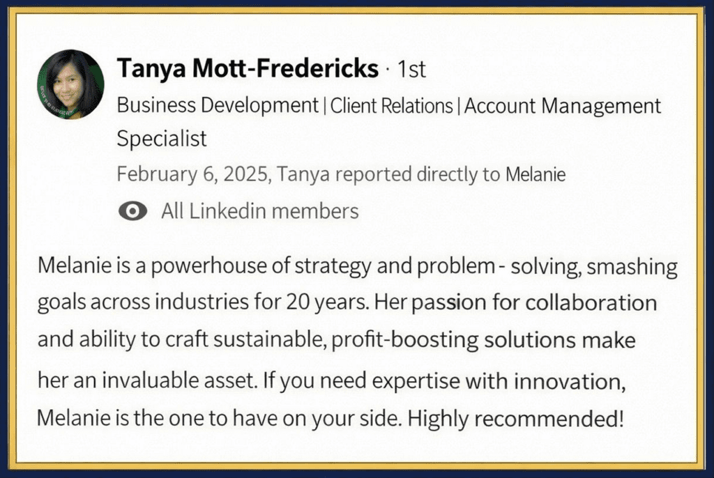 Tanya Mott-Fredericks LinkedIn recommendation for Melanie Martin, recognising strategic leadership, innovation and business growth expertise.