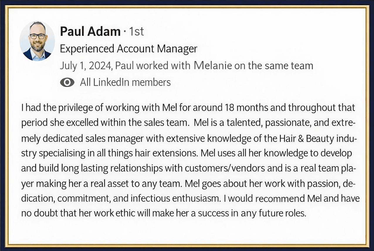 Paul Adam LinkedIn recommendation praising Melanie Martin's sales leadership, work ethic and relationship-building skills at Gold Button Collective.