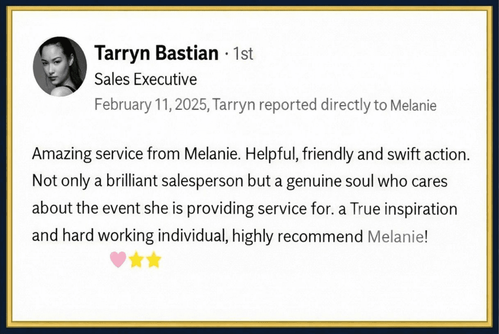 Tarryn Bastian recommendation for Melanie Martin, recognising outstanding sales leadership, client care and professional service at Gold Button Collective.