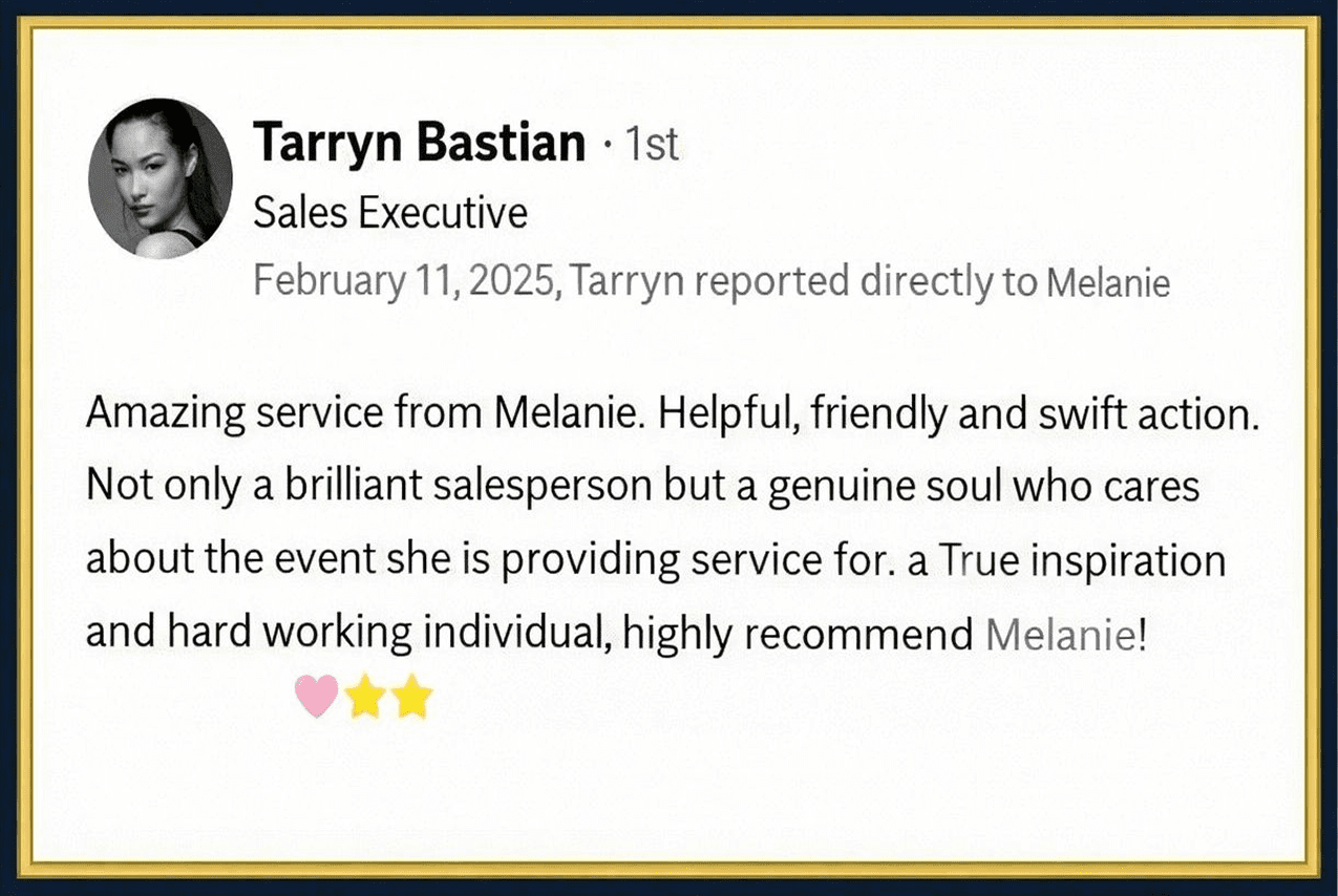 Tarryn Bastian recommendation for Melanie Martin, recognising outstanding sales leadership, client care and professional service at Gold Button Collective.