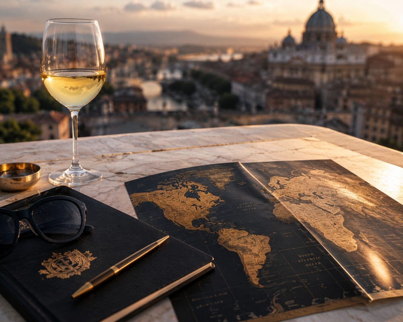 Luxury travel planning scene representing international growth strategy for cultural organisations, strategic partnerships, international market development and global expansion through Gold Button International.