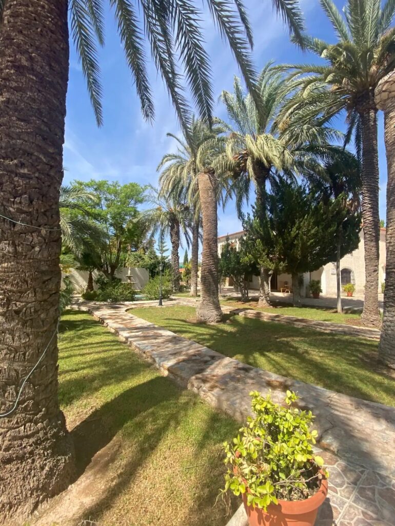 Mediterranean gardens and palm trees at the Divorce to Domination™ Experience venue in Alicante.