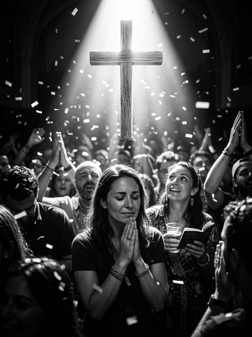 Woman praying and finding faith, hope and healing after divorce during a worship service.