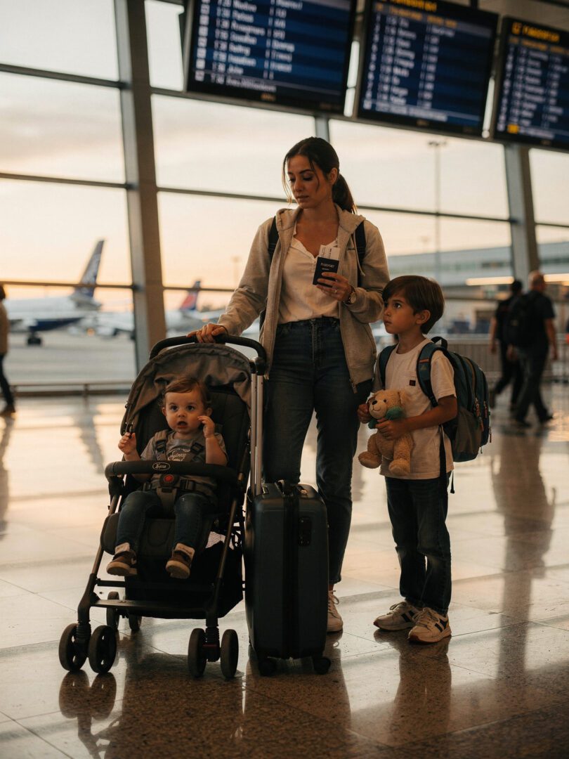 Mother travelling with children during an international family relocation journey.