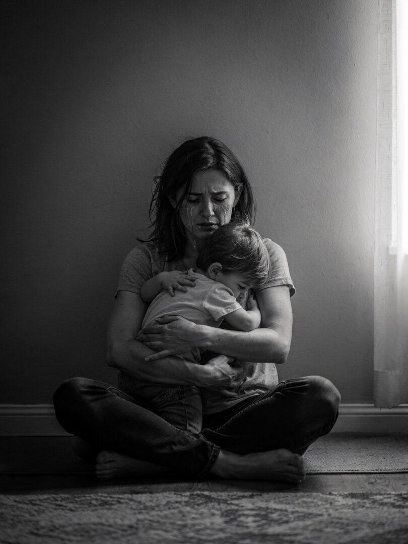 Single mother rebuilding her life after divorce while comforting her child during an emotional moment.