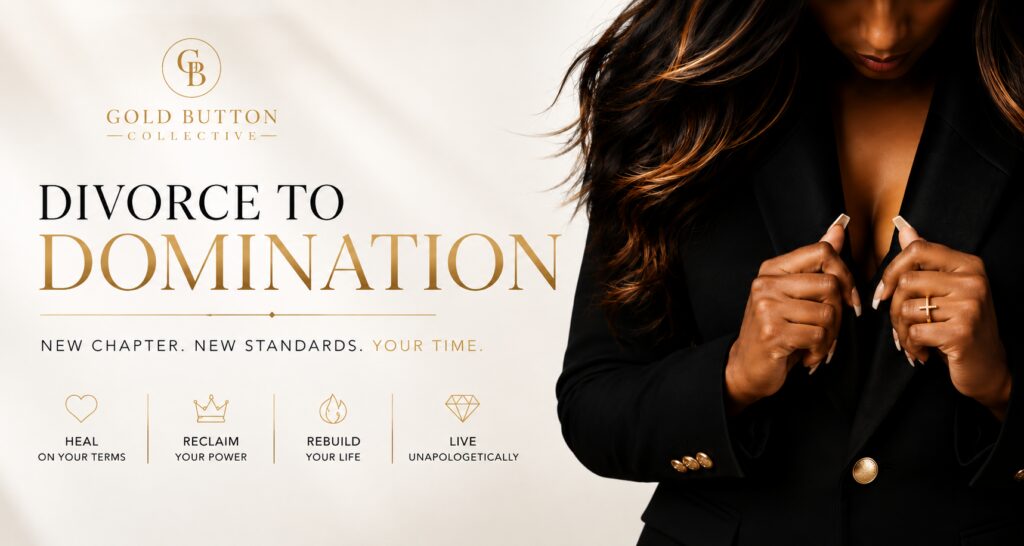 Divorce to Domination banner showing a confident woman symbolising strength, healing and rebuilding life after divorce.
