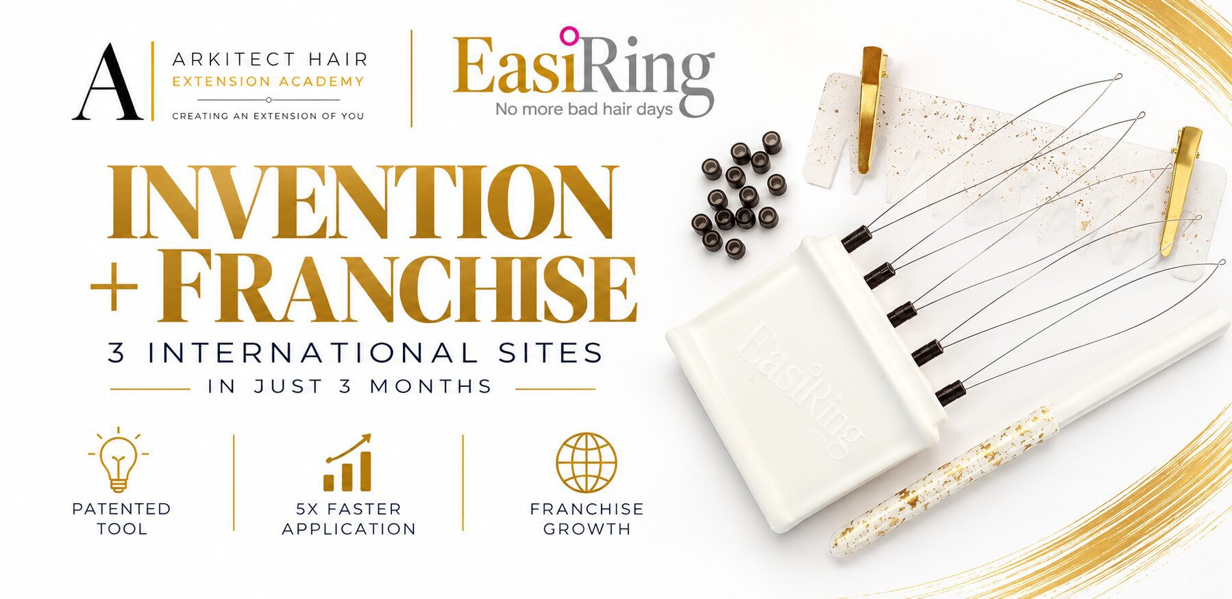 Arkitect Hair Extension Academy and EasiRing showcasing three international franchise sites and a patented hair extension tool