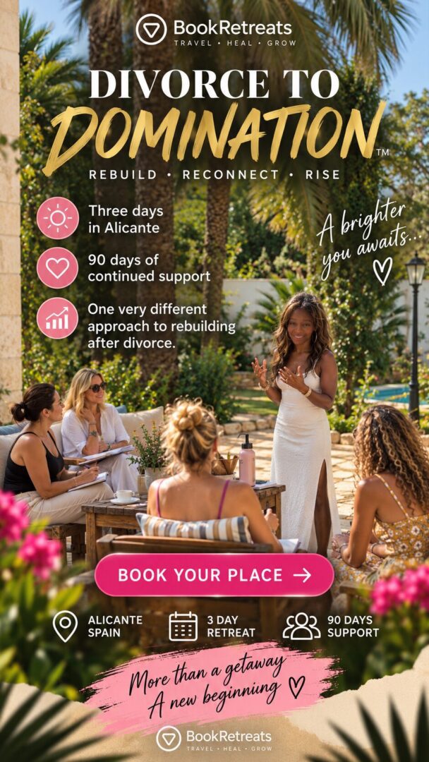Divorce to Domination™ three-day women’s retreat in Alicante, Spain, with 90 days of continued support. A group of women take part in an empowering coaching session in a beautiful Mediterranean setting. Book your place for a fresh start after divorce.