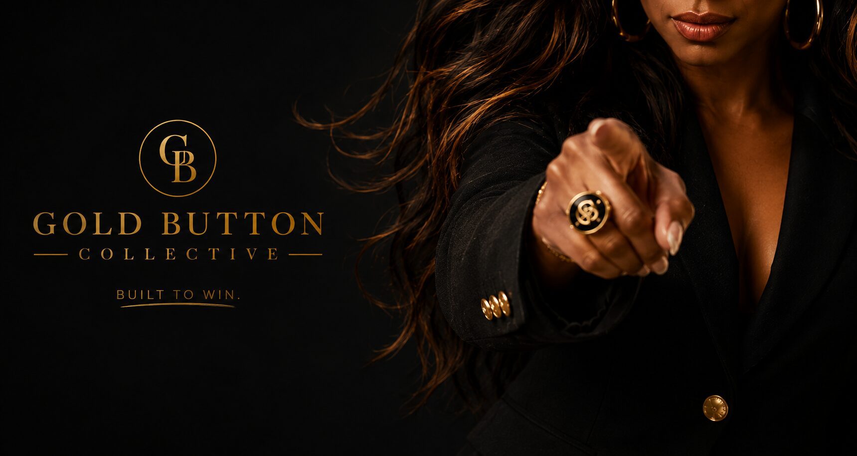 Gold Button Collective founder pointing confidently with Built to Win branding CAPTION
