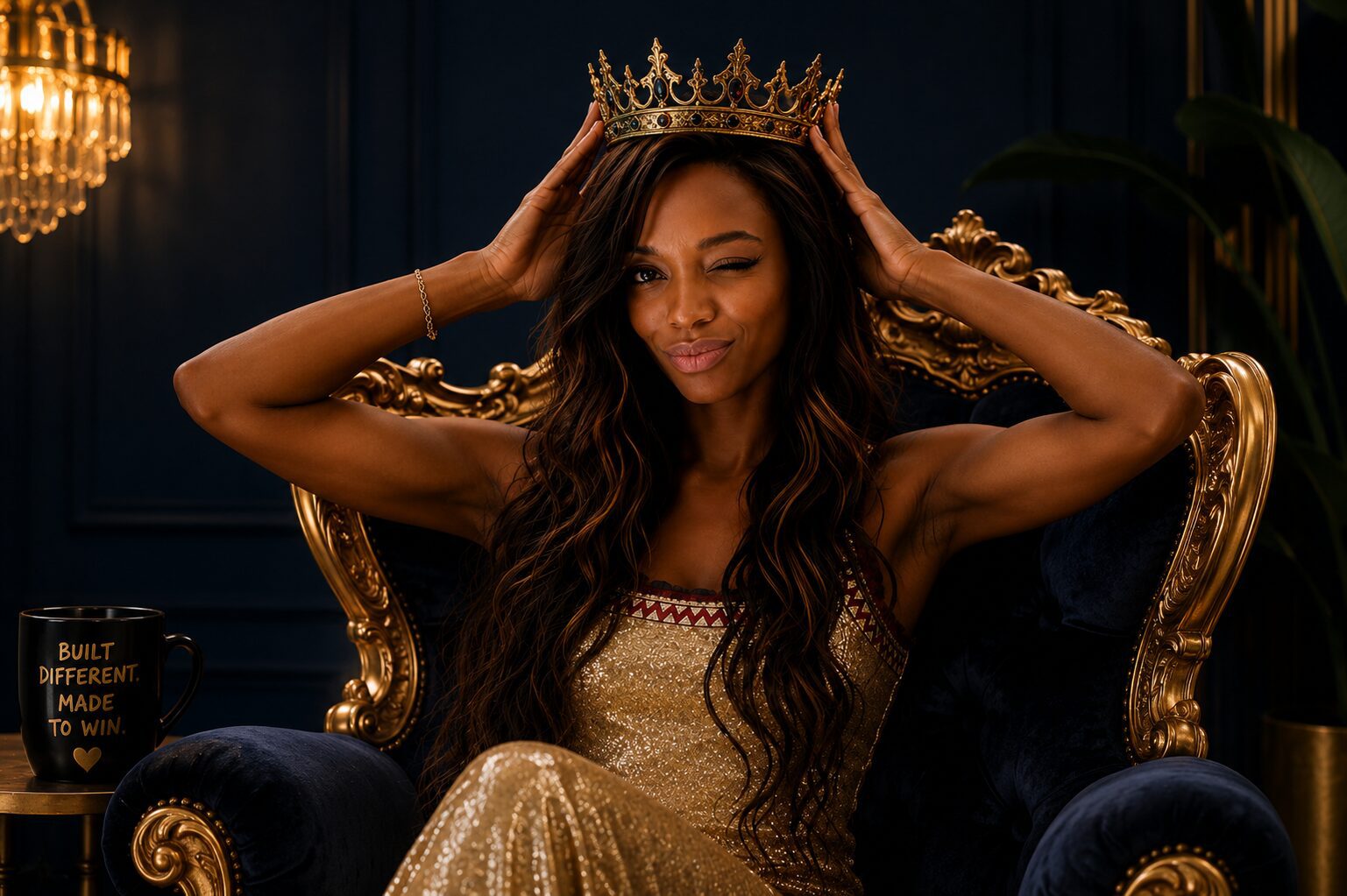 Gold Button Collective founder wearing a crown and winking while seated on a luxury throne