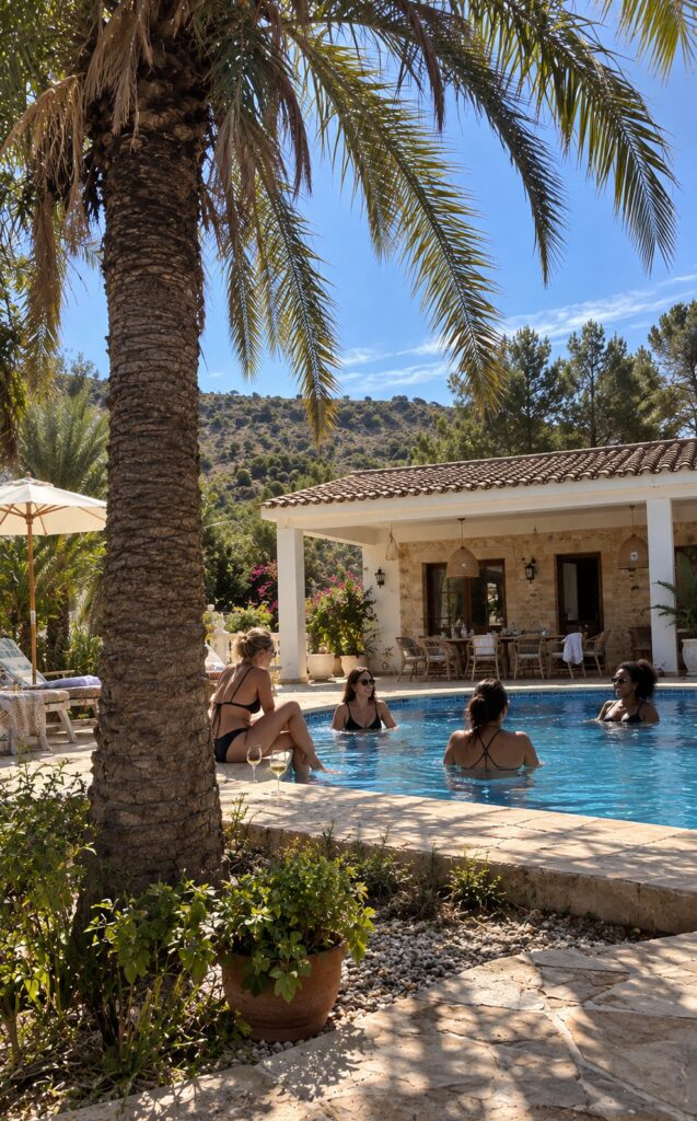 Women relaxing together at a Mediterranean Divorce to Domination retreat