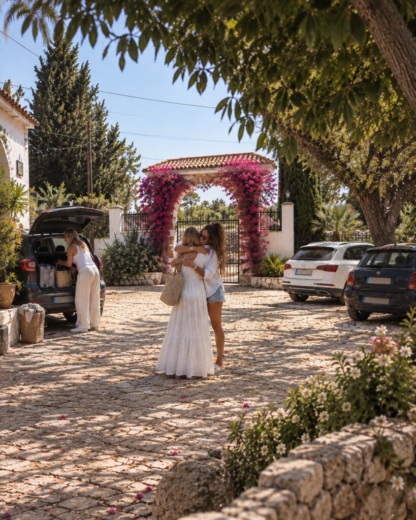 Women arriving at a Mediterranean villa for the Divorce to Domination retreat