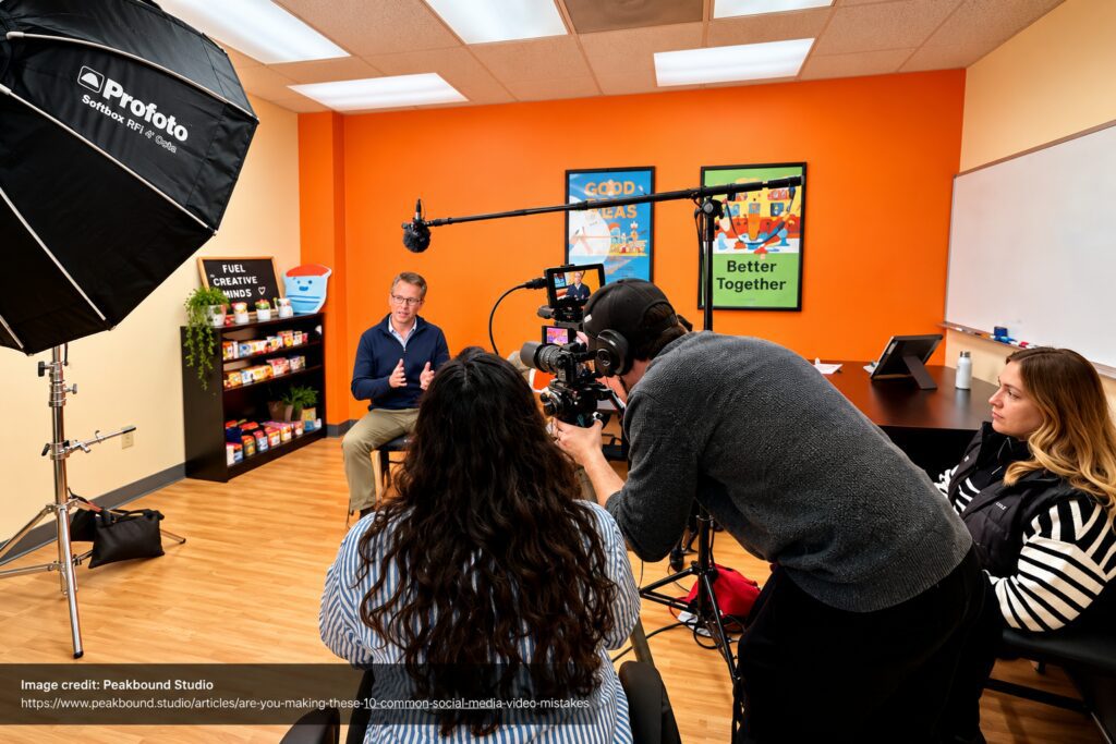 Behind-the-scenes video production setup showing a camera crew filming an interview in a creative office studio. Gold Button Colective