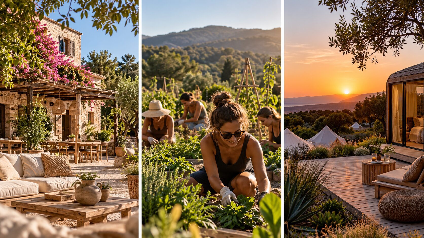 Sustainable co-living community in Spain with communal dining, eco tents, gardens and outdoor workspace
