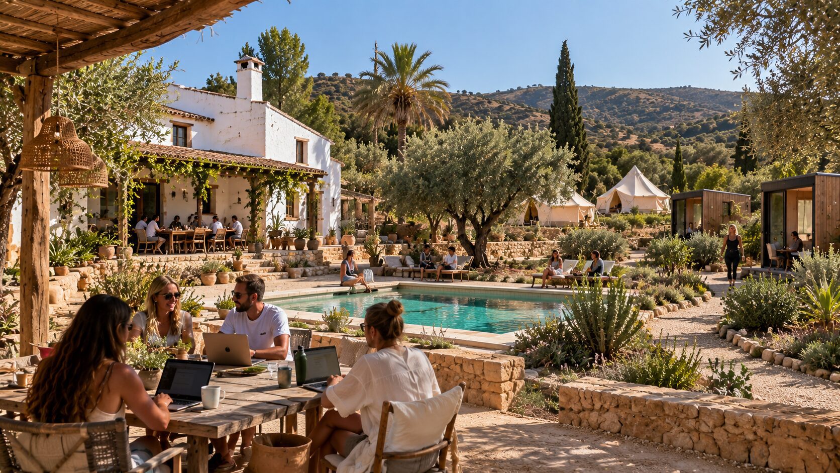 Gold Button Collective sustainable co-living community in Spain with white finca, eco pods, bell tents, pool and outdoor workspace