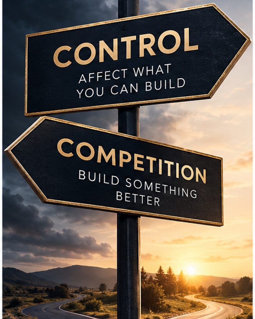 Business crossroads showing the difference between control and healthy competition
