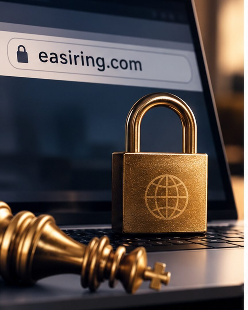 EasiRing.com domain shown on a laptop with a gold padlock representing digital asset control