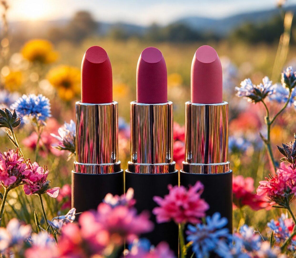 Bold pink lipsticks surrounded by wildflowers representing nature, creativity and regenerative living