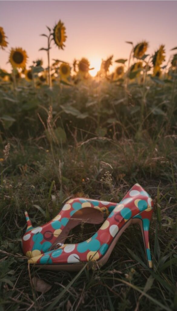 Colourful statement heels in a wildflower meadow representing a bold approach to regenerative living