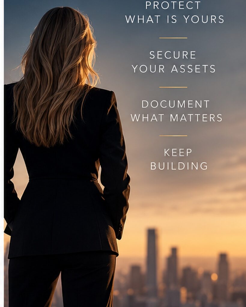 Businesswoman standing independently above a city with messages about protecting business assets and keeping building