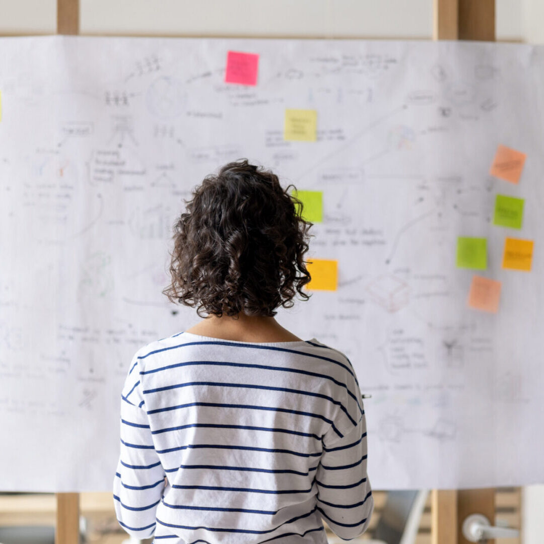 Rear view of a business woman creating a business plan at the office and writing ideas on a board