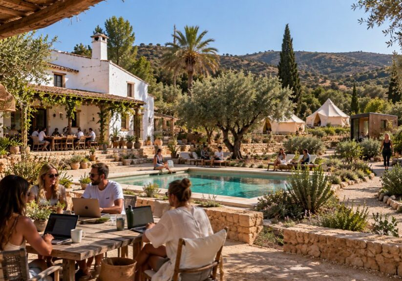 Gold Button Collective sustainable co-living community in Spain with white finca, eco pods, bell tents, pool and outdoor workspace