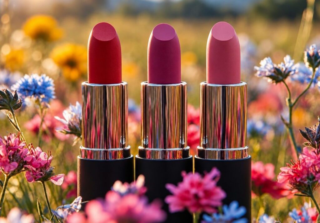 Bold pink lipsticks surrounded by wildflowers representing nature, creativity and regenerative living