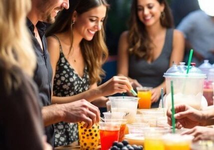 Friends gathering around a drink table