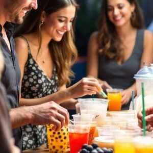 Friends gathering around a drink table